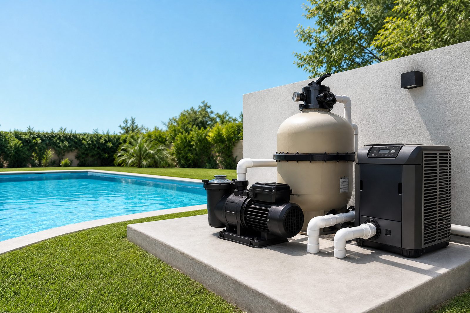 Modern pool equipment beside a clear swimming pool