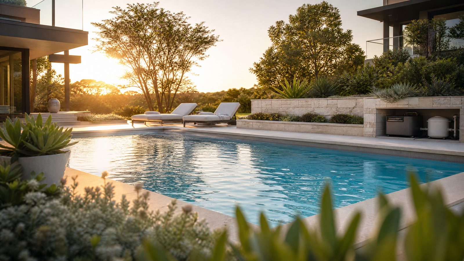 A pristine backyard swimming pool at golden hour